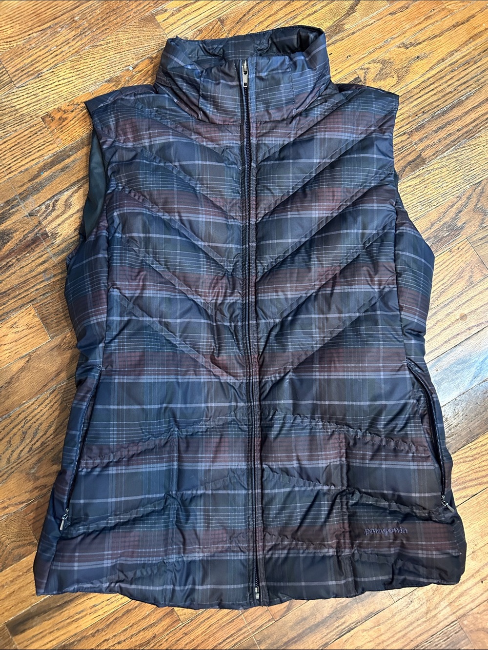 Patagonia Quilted Plaid Vest in Black and Brown Plaid